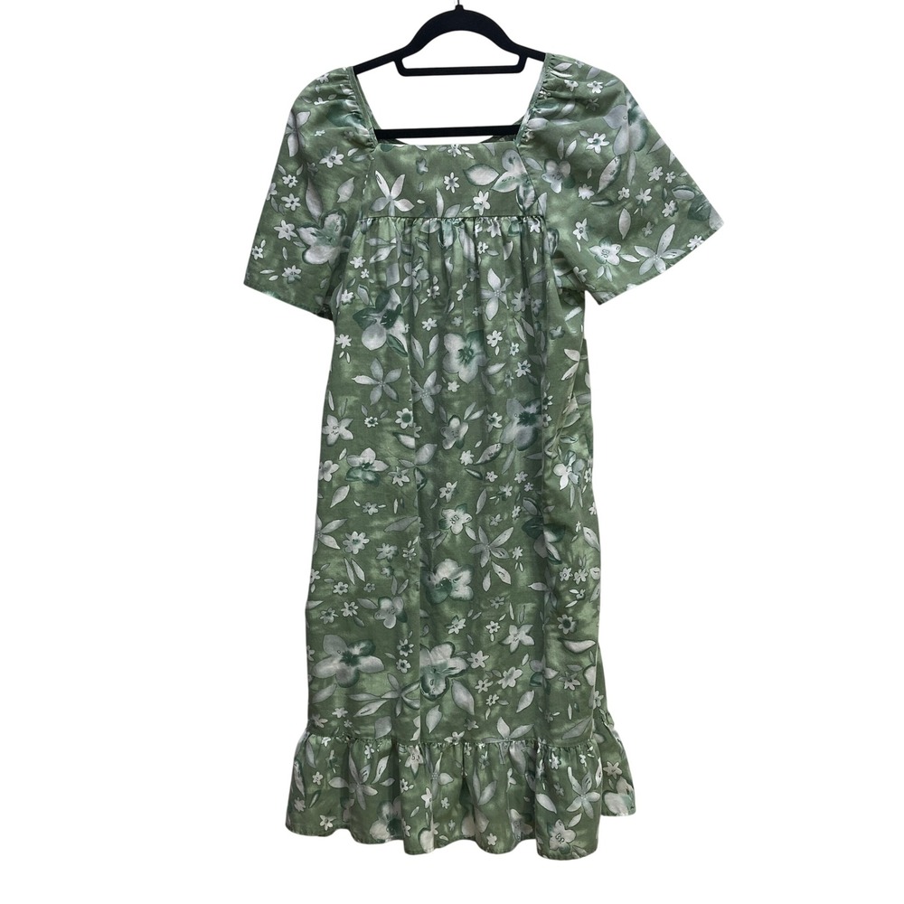 Green Floral Square Neck Puff‎ Sleeve Ruffle Hem Knee Length Dress with Pockets